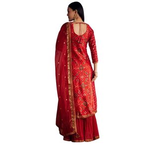 Ensemble de Kurta imprimé Patola rouge et Bandhani avec tenue de mariage et de fête indienne traditionnelle Banarasi Dupatta - Product Image 4