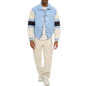 Men's <b>Light</b> Blue Cream Color Block Varsity <b>Jacket</b> With Zipper And Button Closure Regular Fit Turn-down Collar Casual Style - Product Image 1