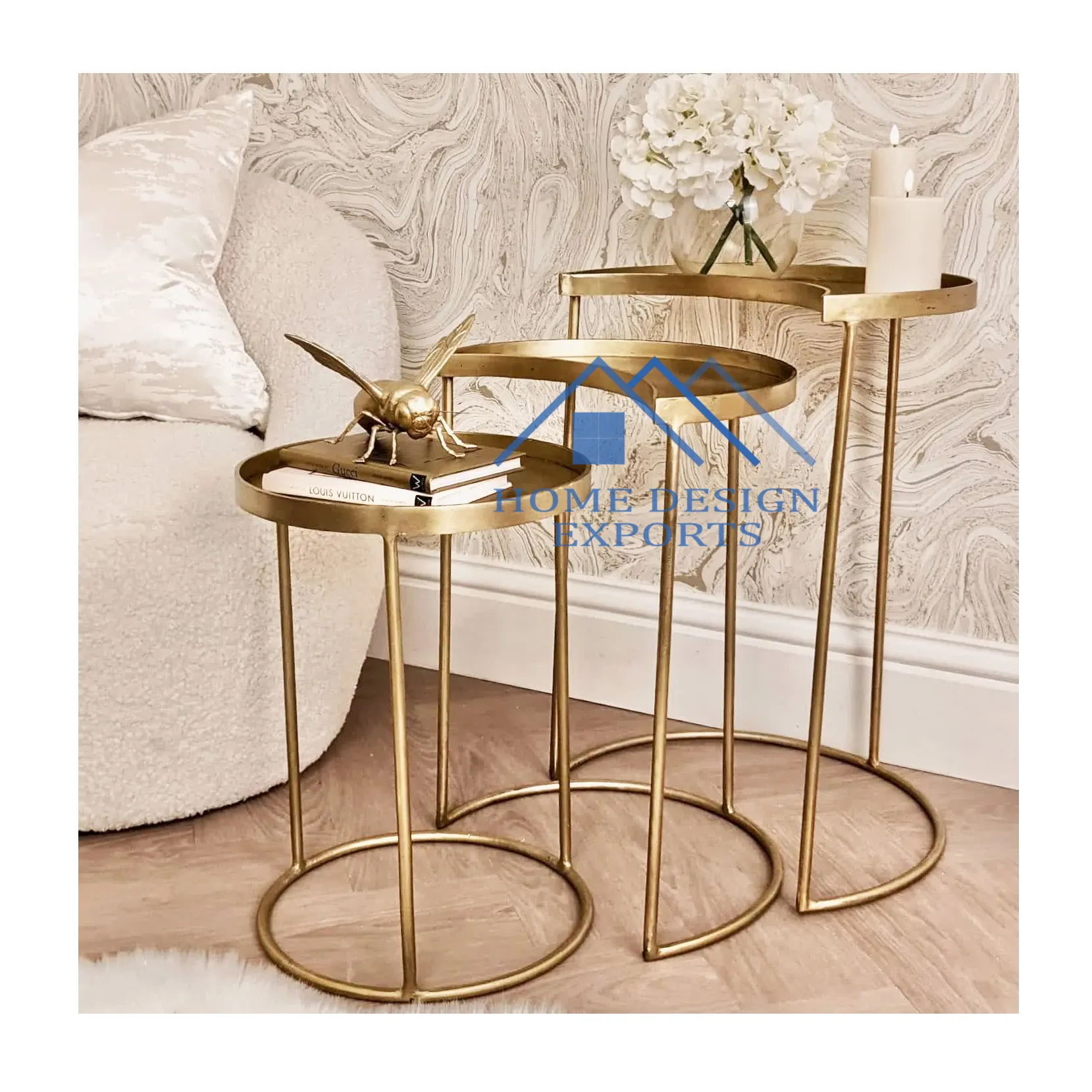 Exclusive Modern Metal Antique Gold Nesting Coffee Tables for Bedroom and Living Room 2022 New Design Unique Iron Nested Tables