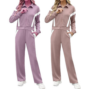 ชุดลำลองสปอร์ตสำหรับผู้หญิง ชุดฤดูร้อน รับทำโลโก้ ผ้าฝ้าย 100% กางเกงขายาวทรงกว้างเข้ารูป ชุด 2 ชิ้น เสื้อแจ็คเก็ตมีซิป - Product Image 5