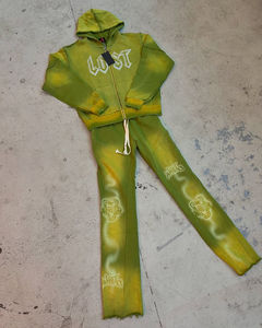 Survêtement avec broderie personnalisée, délavé à l'acide, avec fermeture à glissière, en coton éponge français 500 g/m², sweat à capuche et pantalon de survêtement évasé, survêtements pour hommes - Product Image 2