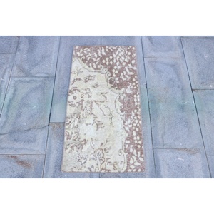 Vintage 1.5x2.9 ft Small Turkish Rug <b>Brown</b> White Oriental <b>Wool</b> Patchwork Rug with Latex Backing Eco-Friendly Home Decor - Product Image 1