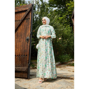 Robe à motif floral vert avec liens latéraux, taille empire élastique, respirante, col mandarin vintage, dos nu, pour le printemps et l'automne - Product Image 1