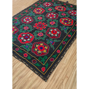 Tissu Suzani brodé floral Ouzbékistan Ébène/Vert antique 120x180 cm Fait main 100% Coton Lavage à la main pour usage domestique - Product Image 2