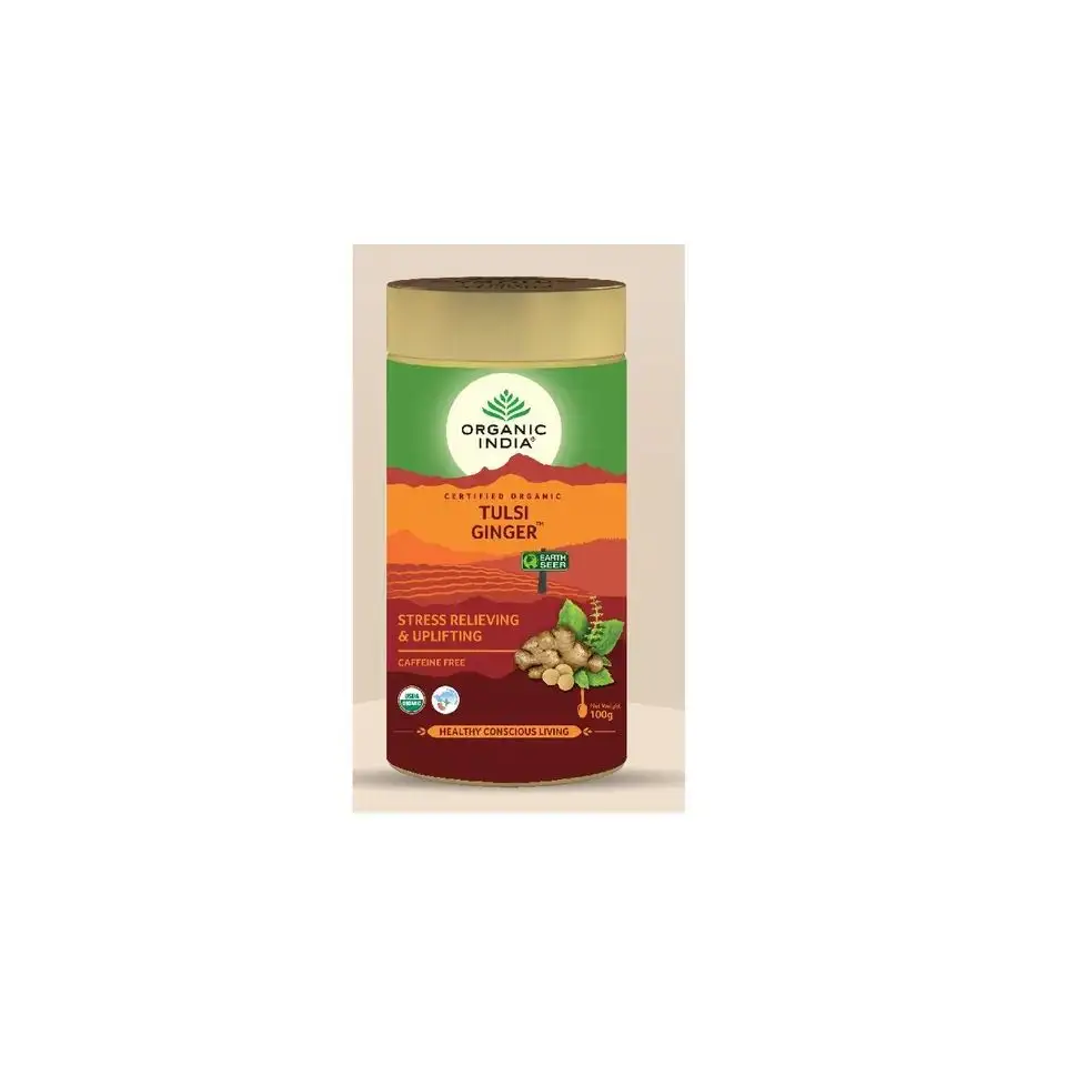 High on Demand Healthcare Supplement Tulsi Ginger Tea Adult Powder Health Food Organic India 100 Gram Tin Vegetarian