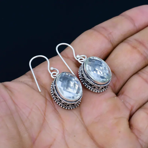 Haute qualité Vintage femmes Dangle boucles d'oreilles en gros approvisionnement ovale blanc topaze pierre précieuse 925 en argent Sterling fêtes à la mode - Product Image 4