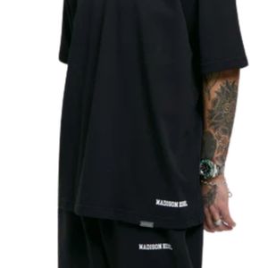Maglietta oversize collegiale maglia nera 300 GSM di cotone di peso medio rilassata vestibilità con scollo a costola a tracolla Vintage atletica leggera - Product Image 6