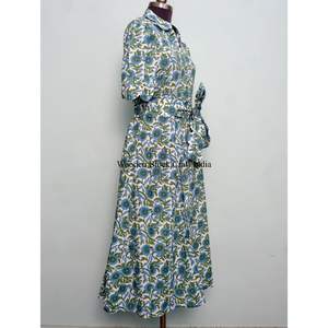 Vestido Midi con Cuello en V, Hecho a Mano en India, 100% Algodón, Estampado Floral Digital, Mangas Cortas, Cintura Natural, Corte Holgado, Casual, Limpieza en Seco - Product Image 5