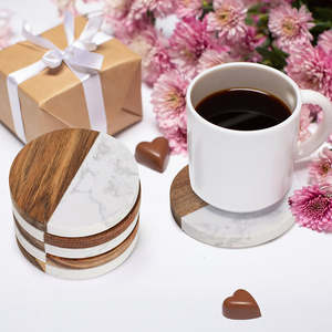 Handmade Wholesale decorative Natural wooden marble <b>coaster</b> wooden <b>coasters</b> white black wooden marble <b>coaster</b> - Product Image 2