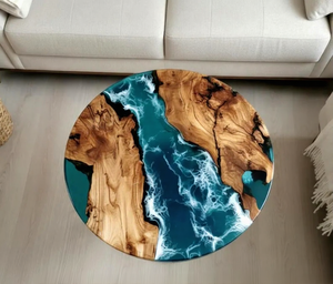 Table basse en résine époxy bleue, artisanale, vagues océaniques, rivière, bois rond, personnalisée, bleue, meubles de luxe, intérieur moderne - Product Image 1