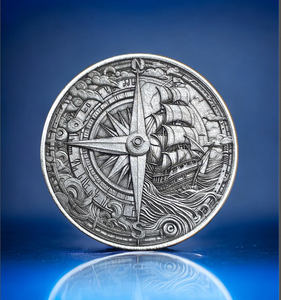 Premium QualityBrass Coin With <b>Compass</b> and Pirate Ship Anniversary Gift, Husband Gifts, Couples Gift, Christmas Gifts - Product Image 1