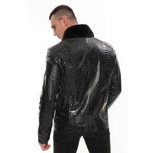 Chất Lượng Tốt Nhất Của Nam Giới Da Đen Biker Áo Khoác Với Da Rắn <span class=keywords><strong>Python</strong></span> Dập Nổi Da Cừu Da Áo Khoác Và Màu Đen Faux Fur Cổ Áo - Product Image 5