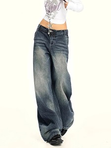 Denim de gran tamaño Nuevos Pantalones vaqueros de pierna recta casuales de moda para mujer con cordón de mezclilla lavada, versátil - Product Image 3