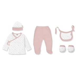 Mod. Florecitas - Conjunto de 5 Piezas para Bebé Niña Recién Nacida (Camiseta, Pantalones, Guantes, Babero, Calcetines) 100% Algodón, Diseño de Estrellas Rosas, 0-6 Meses - Product Image 1