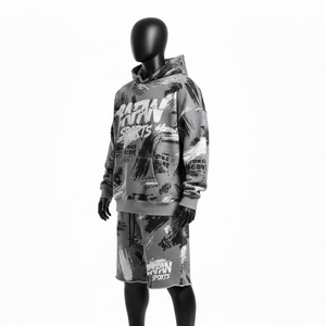 Conjunto de Sudadera con Capucha y Pantalones Cortos de Felpa de Algodón de 320 GSM para Hombre, Suave y de Primera Calidad, en Gris y Negro con Estampado Personalizado y Logotipo Serigrafiado - Product Image 4