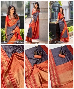 DESIGNER LICHI SOIE ZARI TISSAGE TRAVAIL SAREE AVEC CHEMISIER NON COUDU VÊTEMENT FESTIF VÊTEMENT ETHNIQUE INDIEN ROUGE SAREE PRIX DE GROS - Product Image 2