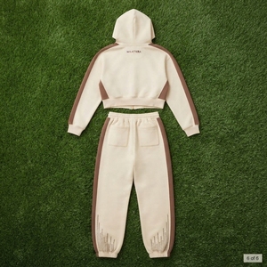 Conjunto Deportivo Personalizado para Mujer, Sudadera con Paneles en Contraste Marrón, Pantalones Jogger Anchos, Felpa de Algodón, Venta al Por Mayor OEM - Product Image 5