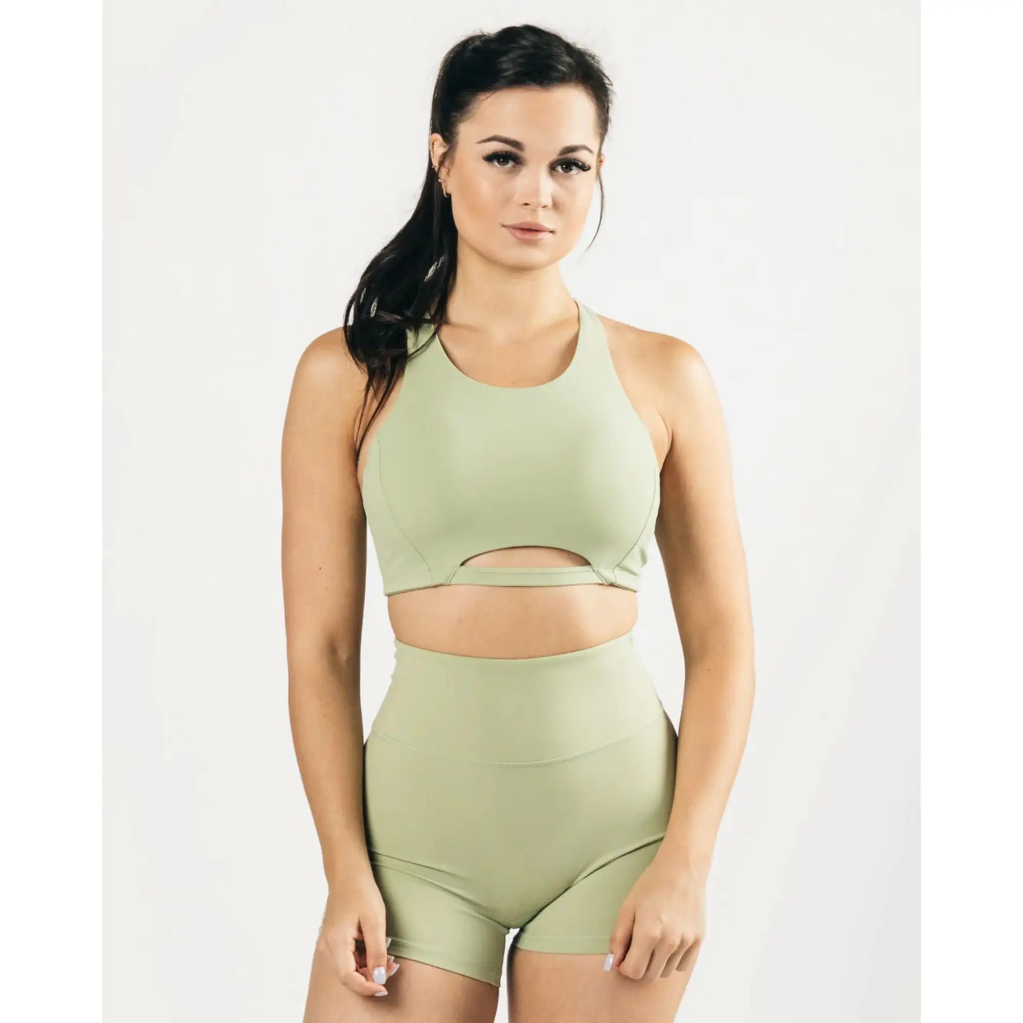 78% Nilon 22% Elastane Gaya Leher Tinggi Fit Racer Kembali Bindingless Hem Womens Sedang-dukungan One Piece Matcha Olahraga Bra