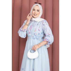 Vestido Casual de Lujo con Estampado Floral Azul Bebé, Cinturón y Botones Parciales, con Volantes hasta la Rodilla, Tallas XS-XXL, Transpirable, Natural, ODM para el Día a Día - Product Image 2