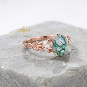 Anillo de Compromiso de Oro de 10K con Ágata Musgosa Verde Ovalada, Anillo con Acentos de Diamantes Inspirado en Hojas de Ágata Musgosa para Mujer - Product Image 3