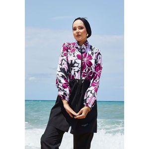 Costume da bagno modesto viola con fantasia floreale per ragazze, con design a vita arricciata - Product Image 2