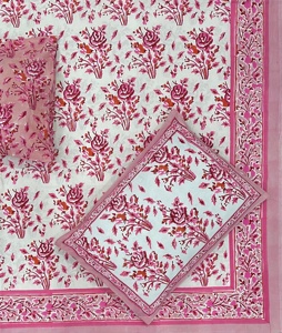 Ensemble de draps de lit 100% coton vintage français 2 taies d'oreiller réversibles 3 pièces classique rose rose fleuri bloc de main imprimé refroidissement - Product Image 6