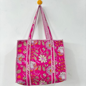 100% Cotton Hand Block Printed Quilted Traditional Indian French Country Style Storage <b>Tote</b> <b>Bags</b> Large Capacity Food Jewelry - Product Image 1