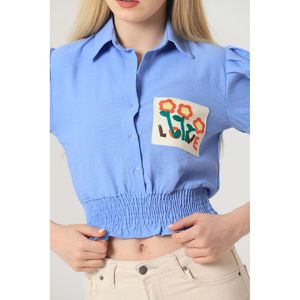 เสื้อเชิ้ตผู้ชาย Topshow สีน้ำเงิน ผ้าลินินผสม ปักลายที่กระเป๋า - เสื้อเชิ้ตแขนยาวลำลองติดกระดุมสำหรับฤดูร้อน ขายส่ง - Product Image 4