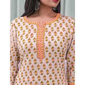 ชุดคุรตะผ้าฝ้ายสีขาวลำลอง (ชุด 2 ชิ้น) ลายพิมพ์บล็อก แขนสามส่วน สำหรับฤดูใบไม้ผลิ/ฤดูร้อน - Product Image 5