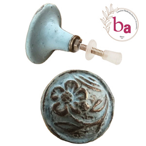 Pomos de flores de hierro fundido de cerámica rústica, tiradores de cajón de Color desgastado Aqua para cocina, dormitorio, comedor - Product Image 1