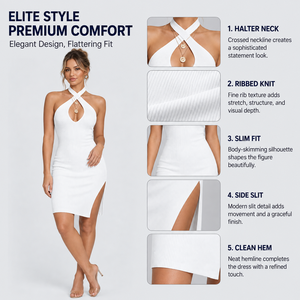 FNJIA Abito Midi da Donna <span class=keywords><strong>in</strong></span> <span class=keywords><strong>Maglia</strong></span> <span class=keywords><strong>con</strong></span> Scollo Halter Incrociato, <span class=keywords><strong>Vestito</strong></span> Aderente a Costine <span class=keywords><strong>con</strong></span> <span class=keywords><strong>Spacco</strong></span>, 100% Cotone, per Feste e Serate, Maglieria Personalizzabile OEM - Product Image 3