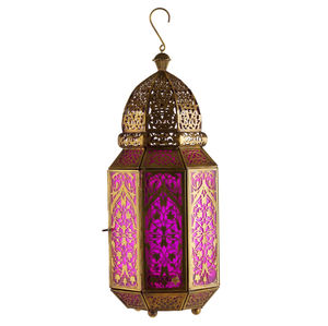 Decoraciones de Iluminación, Farol Marroquí Colgante de Metal Dorado Antiguo con Vidrio Azul Verdoso para Decoración de Ramadán y Eid - Product Image 2
