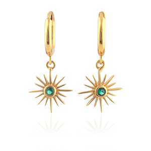 Perfect Minimalist Trending Look <b>Earring</b> Dainty Emerald Quartz Sunburst <b>Huggie</b> <b>Earring</b> 925 Sterling <b>Silver</b> 18k Gold Plated Drops - Product Image 1