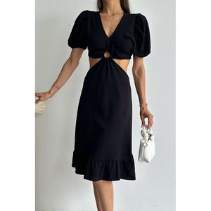Vestido Largo Negro con Cuello en V Profundo de Topshow para Mujer - Elegante Vestido Maxi de Mezcla de Viscosa, Algodón y Poliéster al por Mayor - Product Image 4