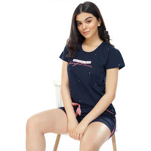 Trendy Navy Blue <b>Womens</b> <b>T</b>-<b>Shirt</b> <b>and</b> <b>Shorts</b> <b>Set</b> Lightweight Best Quality Lounge Co-ord <b>Set</b> For Ladies Casual Summer Two-Piece <b>Set</b> - Product Image 2