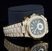 Herren-Chronograph mit schwarzem Analogzifferblatt, mechanischem Uhrwerk, Edelstahlgehäuse, vollständig mit Baguette-Schliff VVS-Klarheit Diamanten aus dem Labor besetzt