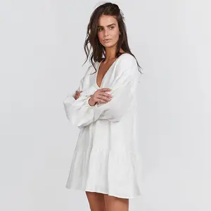 Frühling und Sommer Damen Lounge wear Langarm Pyjama aus weißer Baumwolle Nacht kleid für Frauen