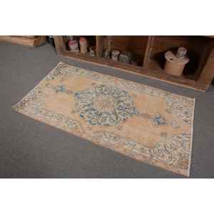 Alfombra turca Vintage de 2,7X5,1 pies hecha a mano Beige azul lana felpa pila altura forma Rectangular abstracto para dormitorio pasillo - Product Image 3