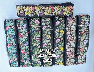 Custom made on black base fabric multi coloured floral embroidered <b>laces</b> with sequins work for garments and for resale purposes. - Product Image 4