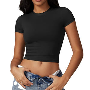 Women's <b>Cream</b> Crew Neck Short Sleeve <b>Crop</b> <b>Top</b> Slim Fit Solid Color Knitted Breathable Spring Summer Minimalist Style - Product Image 2