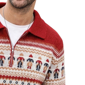 <b>Men's</b> Red Knit <b>Jumper</b> White Geometric Print Casual Autumn/<b>Winter</b> Anti-Pilling Polyester Zipper Closure Full Sleeve - Product Image 4