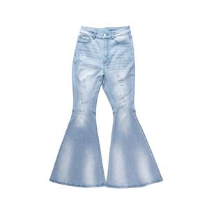 Paola Riboni Women's High Waist <b>Flare</b> Denim <b>Jeans</b> Solid Pleated Light Wash Full Length <b>Vintage</b> Style Casual Wear - Product Image 3