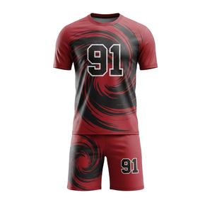 Conjunto de Uniforme de Fútbol Personalizado Rojo con Estampado de Vórtice Espiral Negro Sublimado, Equipación Deportiva para Entrenamiento de Equipo - Product Image 1