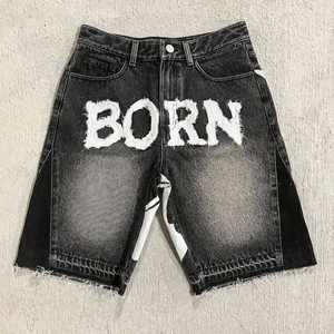 Shorts en jean vintage pour hommes, avec logo personnalisé imprimé, patchwork, délavage usé, ourlet brut, lavage monkey - Product Image 5