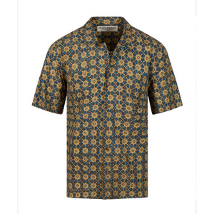 เสื้อเชิ้ตแขนสั้นลายดอกไม้สีเหลืองอ่อนและสีครามสำหรับผู้ชาย ผ้าบาติก ทำจากฝ้ายออร์แกนิคเป็นมิตรกับสิ่งแวดล้อม สวมใส่สบาย ไซส์ XL รับผลิตแบบ ODM - Product Image 1