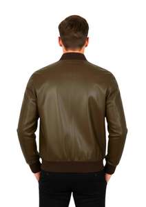 Veste bomber en cuir véritable pour homme avec col côtelé, design classique à boutons sur le devant - Product Image 4
