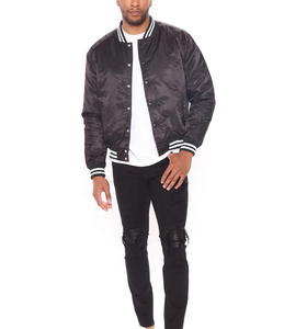 Chaqueta universitaria de satén negro para hombre, abrigo Bomber brillante, ropa de calle de estilo béisbol clásico, prendas de vestir exteriores de moda con puños a rayas - Product Image 4