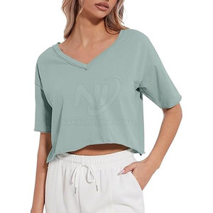 Top corto con cuello en V para mujer de calidad superior, ligero y duradero, 100% algodón para ropa informal de verano - Product Image 2