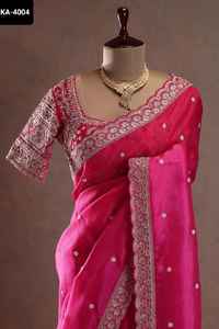 Indian Wedding Wear Tibby <b>Silk</b> <b>Fabric</b> Saree with Sequence with Thread Work Wedding and Festival Season Saree with Blouse Pieces - Product Image 3