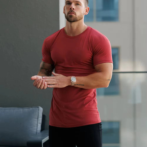 เสื้อยืดคอกลมลายอิฐไม้ไผ่สีแดงสำหรับผู้ชายเสื้อยืดผ้าฝ้ายระบายอากาศออกแบบโลโก้ได้ตามต้องการสำหรับยิม - Product Image 1